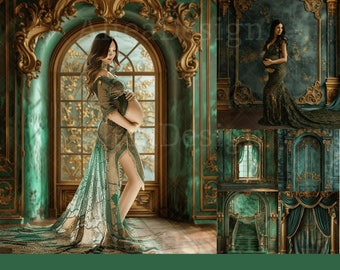 23x Emerald Gold Room Backdrops | Royal Green Room Digital Backgrounds | Maternity Wedding Photoshop Studio Fine Art Textures Composite