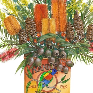 Orange and Gold Natives in Vintage Tin by Debra Meier Art, Portrait orientation,Banksia wall art, Banksias watercolour, Artwork gift