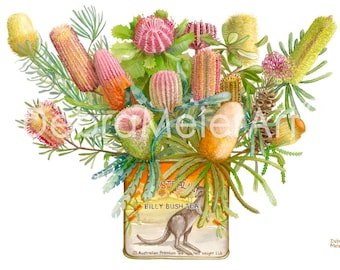 Banksias Bunch en lata vintage de Debra Meier Art, arte de pared de flores de Banksia, acuarela de Banksias, arte de Banksia, regalo de obra de arte