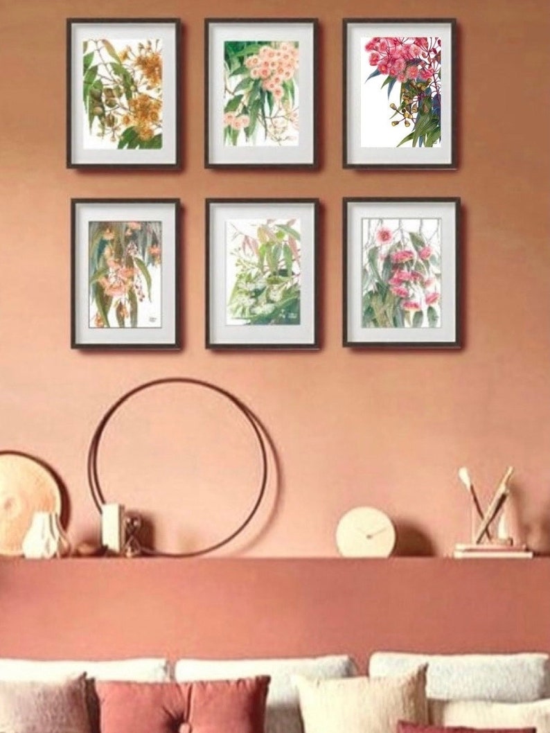 May include: Six framed botanical prints of pink and white flowers with green leaves on a peach-colored wall. The prints are arranged in two rows of three.