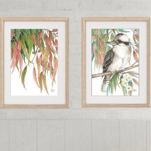 Kookaburra and Gumleaves Pair by Debra Meier Art, Native bird print, Australian bird art print, Gumleaves print, Artwork gift