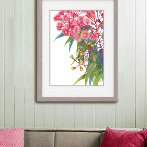 May include: A framed botanical illustration of pink and yellow flowers with green leaves on a white background.