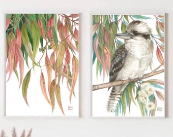Kookaburra and Gumleaves Pair by Debra Meier Art, Native bird print, Australian bird art print, Gumleaves print, Artwork gift