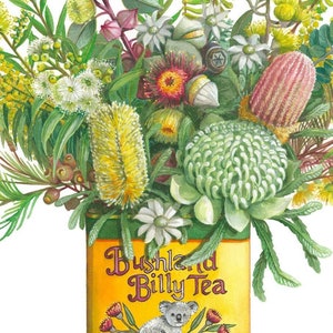 Yellow Natives in Vintage Tin by Debra Meier Art, Portrait orientation, Native flower wall art, Australian natives watercolour, Artwork gift