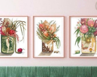 HarleyandJ Dried Flower Trio by Debra Meier Art, Australian native flowers, Triple set prints, Watercolour flower art, Artwork gift