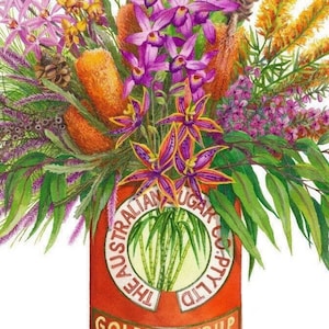 Violet and Orange Natives in Vintage Tin by Debra Meier Art, Portrait orientation, Native flower art, Australian natives print, Artwork gift