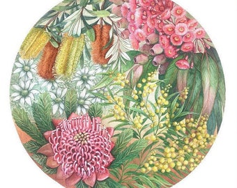 Mixed Native Flowers circular art print by Debra Meier Art, Australian native print, Australian Wildflowers print, Artwork gift