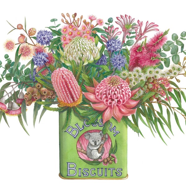 Arte de flores nativas rosas en lata vintage de Debra Meier Art, orientación horizontal, arte de flores nativas, acuarela de nativos australianos, regalo artístico