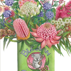 Pink Natives in Vintage Tin by Debra Meier Art, Portrait orientation, Native flower wall art, Australian natives watercolour, Artwork gift