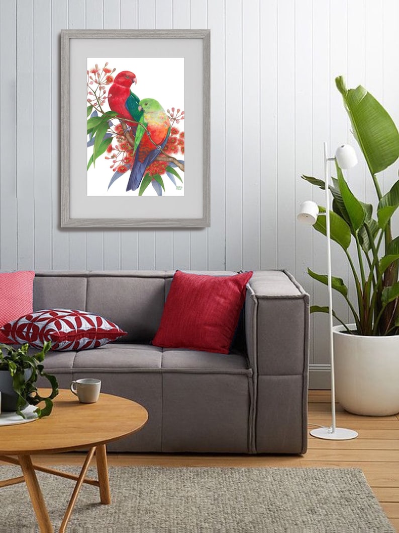 King Parrot pair by Debra Meier Art, Australian native bird print, Red gumblossoms print, Artwork gift image 3