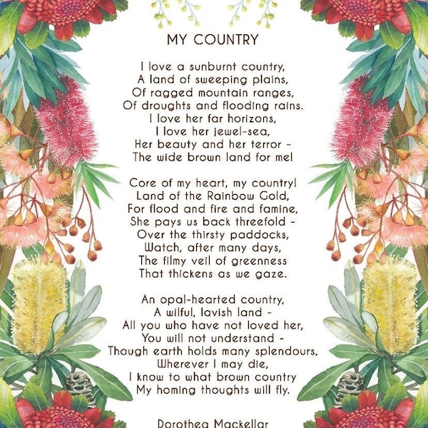 Een Sunburnt Country gedicht, inspirerend gedicht, My Country gedicht, Australisch gedicht, Australische wilde bloemenprint, Australische inheemse bloemenprint
