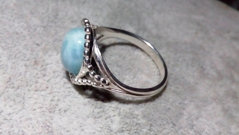 silver beaded design ring ladies larimar jewellery gift. stunning colour Solid Sterling silver Larimar ring