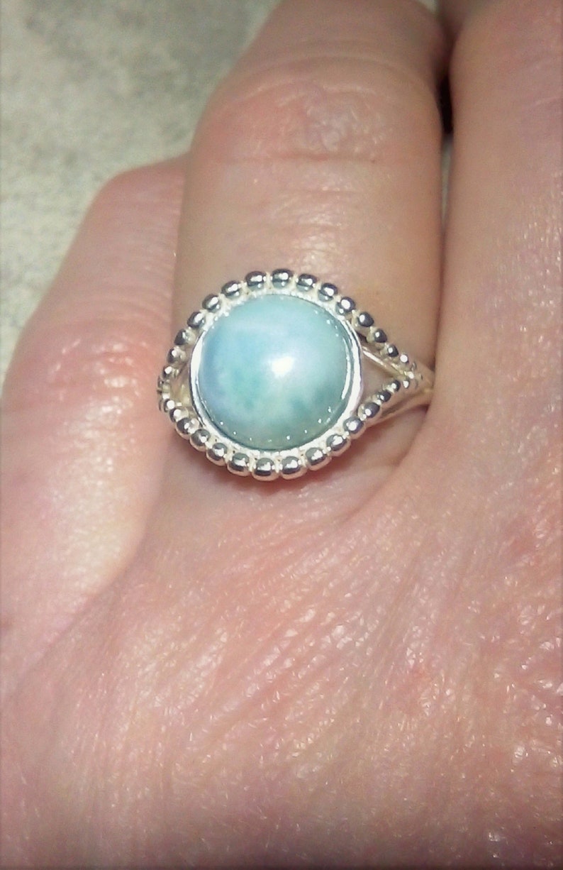 silver beaded design ring ladies larimar jewellery gift. stunning colour Solid Sterling silver Larimar ring