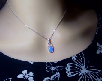 Sterling Silver Blue Opal pendant necklace, stunning pin colours, Blue Opal necklace gift.