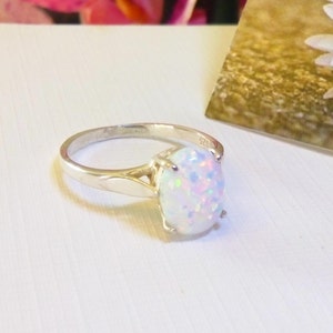 beautiful White Opal ring, solid sterling silver, prong set Opal solitaire, stunning colour.
