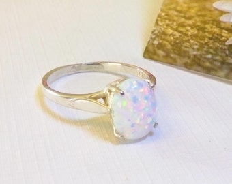 beautiful White Opal ring, solid sterling silver, prong set Opal solitaire, stunning colour.