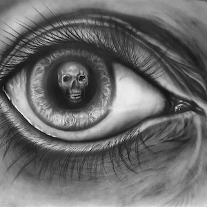 Auge, den Tod im Blick, memento mori, Kohlezeichnung nach M.C. Escher, Kunstdruck, 40 x 60 cm,