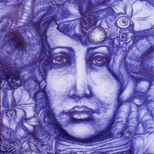Pan, Ballpen-Art, blue, Fantasy, Floral, Orchidee, Kolibri, Natur, Original, Unikat, Din A4,