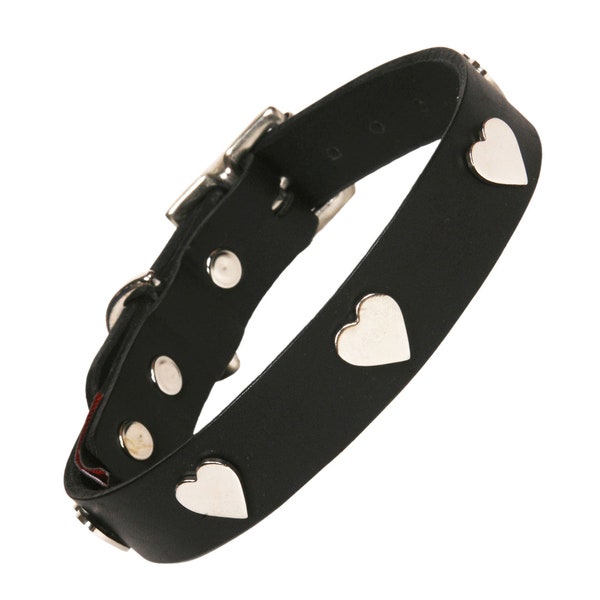 Leather Dog Collar with Silver Heart studs - various colours