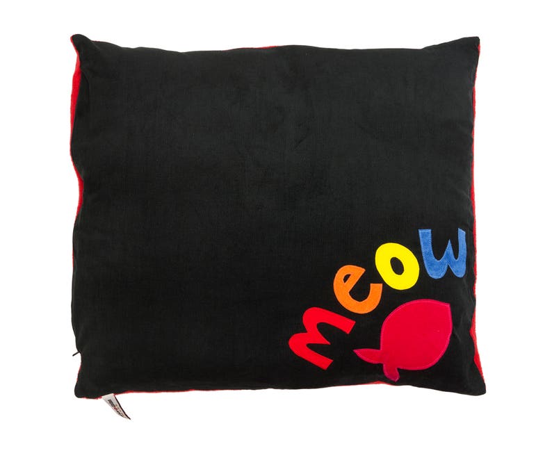 Black Cat bed with multicoloured Meow and Red Fish
