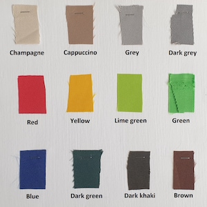 May include: A color chart of fabric swatches in various colors, including white, champagne, cappuccino, grey, dark grey, dark purple, purple, red, yellow, lime green, green, turquoise, light blue, blue, dark green, dark khaki, brown, and black.