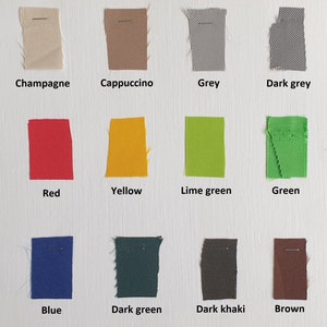 May include: A colour chart of fabric swatches in various colours, including white, champagne, cappuccino, grey, dark grey, dark purple, purple, red, yellow, lime green, green, turquoise, light blue, blue, dark green, dark khaki, brown, and black.