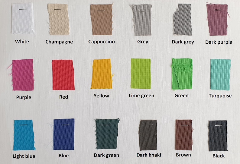 May include: A colour chart of fabric swatches in various colours, including white, champagne, cappuccino, grey, dark grey, dark purple, purple, red, yellow, lime green, green, turquoise, light blue, blue, dark green, dark khaki, brown, and black.