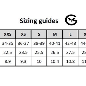 May include: A sizing chart for shoes with columns for size, insole size in centimeters, and insole size in inches. The chart includes sizes from XXS to XXL, with corresponding measurements for each size.