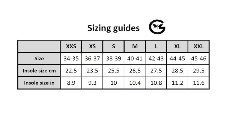 May include: A sizing chart for shoes with columns for size, insole size in centimeters, and insole size in inches. The chart includes sizes from XXS to XXL, with corresponding measurements for each size.