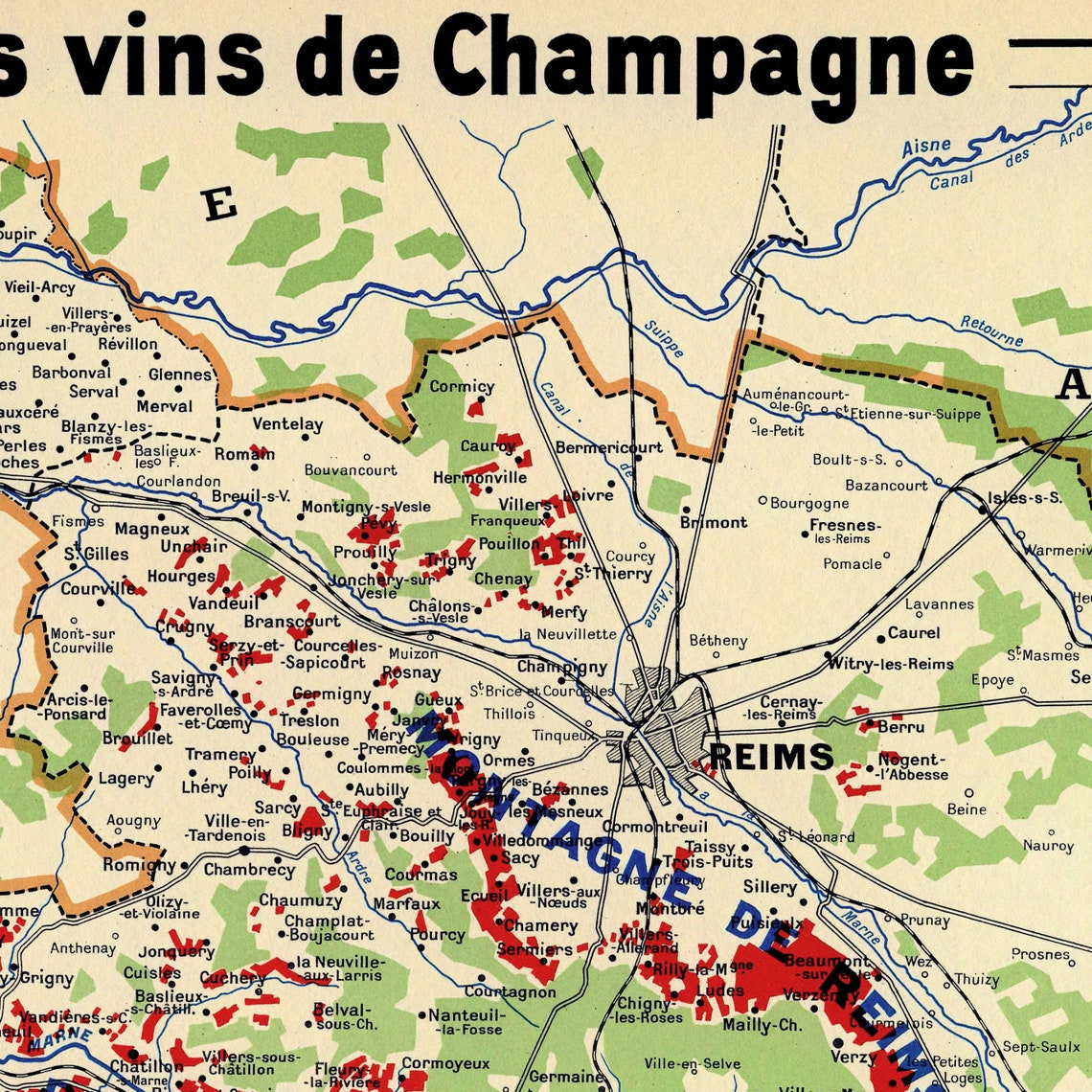 Wine Map Of Champagne France Vineyards Dinning Restaurant Etsy
