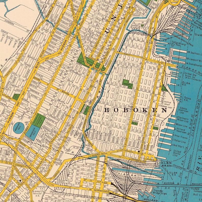 Jersey City Map Hoboken New Jersey Vintage Print Large Map Etsy