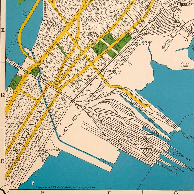 Jersey City Map Hoboken New Jersey Vintage Print Large Map Etsy