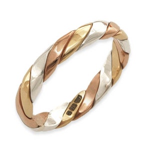 Handmade 9ct Yellow, White, Rose Gold Tri Colour Twisted Stacker Band Ring