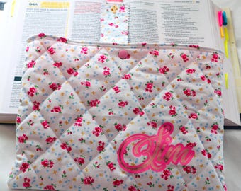 Floral Quilted Bible Cover with Pocket, Personalised Pink Scripture Sleeve, Baptism gift for women