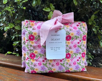 Personalised Pink Floral Quilted Book Sleeve, Handmade Bible Cover, Book Protector Pouch