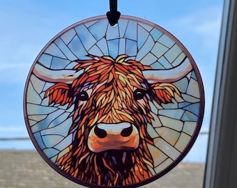 Highland Cow Stained glass style Acrylic decoration. Highland cattle gift, cow lover gift, for mum, present for sister