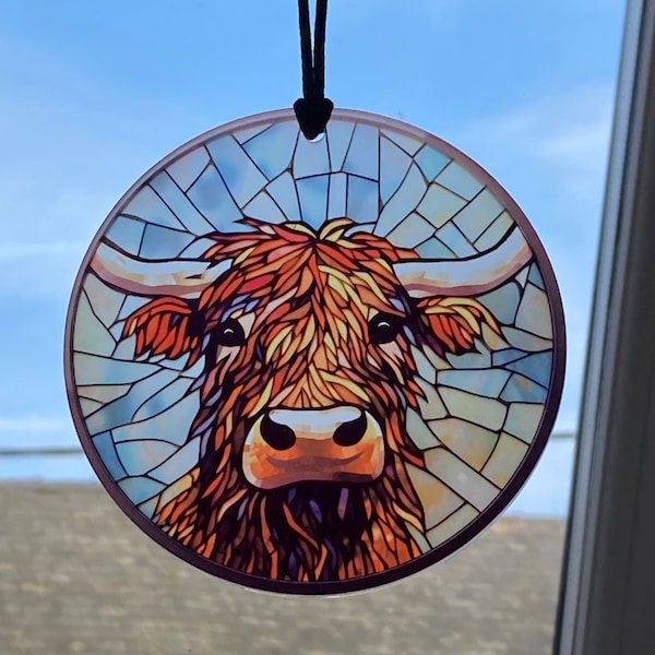 Highland Cow Stained glass style Acrylic decoration. Highland cattle gift, cow lover gift, for mum, present for sister