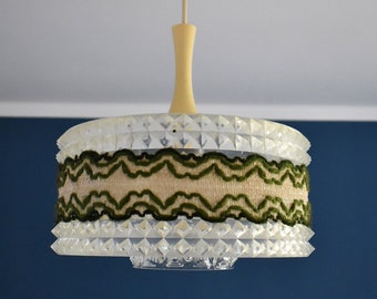 Mid Century Lucite Pendant Light with Green Wool Pattern and Glass Shade / Retro Lucite Ceiling Light / Vintage 70s Lighting