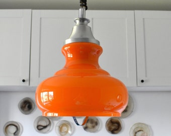 Space Age Opaline Glass Pendant Light / Orange Cased Glass Ceiling Light / Mid Century Modern Orange Ceiling Light / 1970s