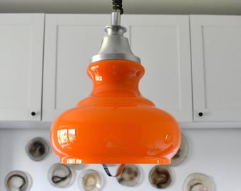 Space Age Opaline Glass Pendant Light / Orange Cased Glass Ceiling Light / Mid Century Modern Orange Ceiling Light / 1970s