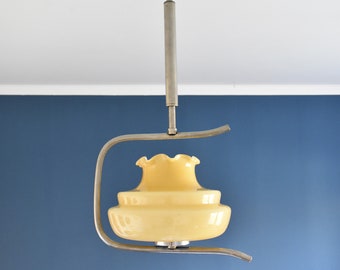 Mid Century Opaline Glass Pendant Light / Yellow Cased Glass Ceiling Light / Art Deco Sculptural Ceiling Light / 1960s