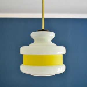 Space Age Opaline Glass Pendant Light / Vintage Ceiling Light / White and Yellow Pendant Light / Mid Century Modern Ceiling Light / 1970s