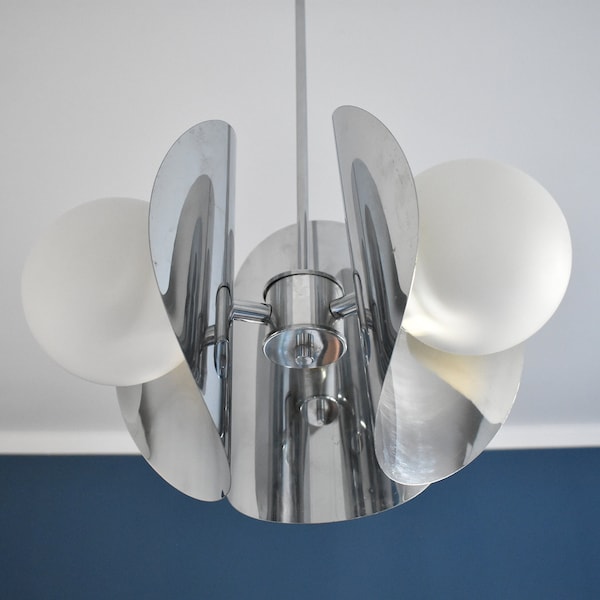 Space Age Chrome Chandelier with Three Matte Glass Globes / Small MCM Chandelier / Brutalist Lighting / Vintage Lighting / 70s