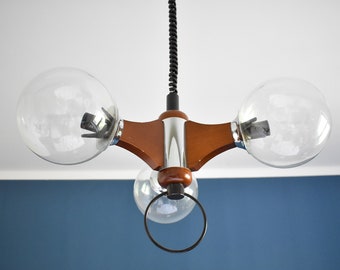Mid Century Wood & Chrome Chandelier with Glass Globe Shades - 1970s Yugoslavian Lighting