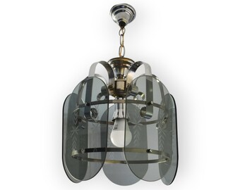 Mid Century Smoke Glass Chandelier: Chrome Pendant Light, Yugoslavia 1980s