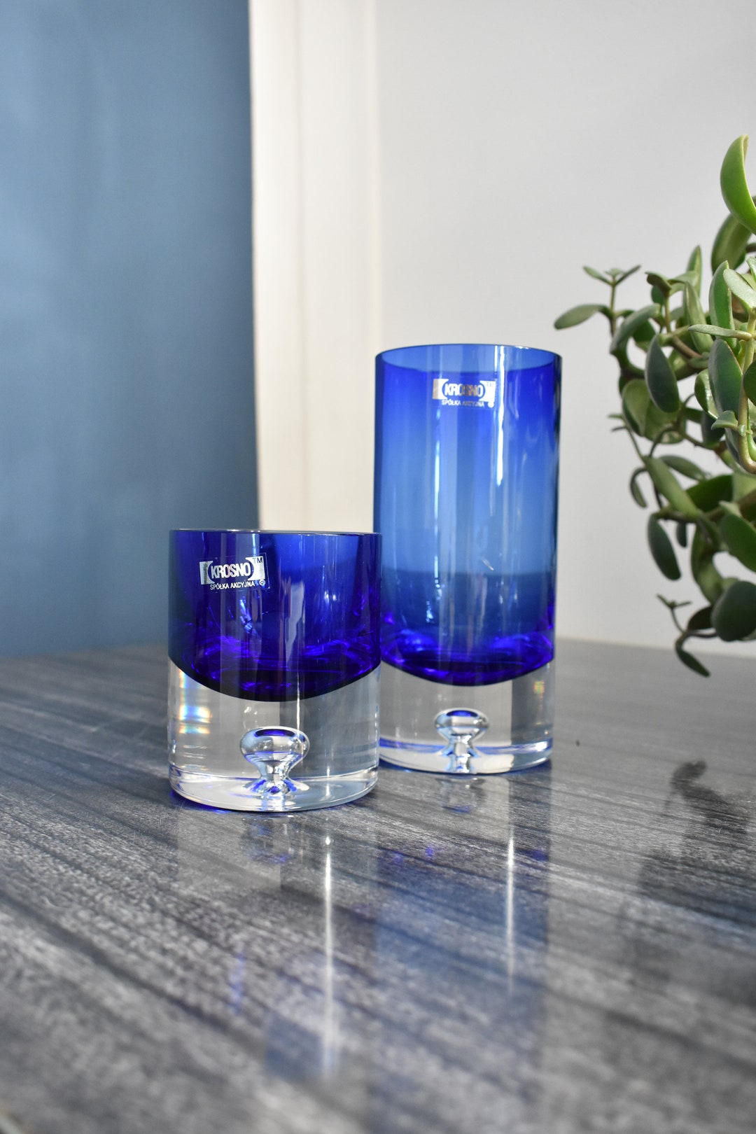 Two Vintage Krosno Candle Holders With Suspended Bubble / Cobalt Blue