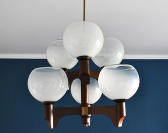 Large Mid Century Chandelier With Six Opaline Glass Shades and Solid Wood Frame / Vintage Mid Century Ceiling Light
