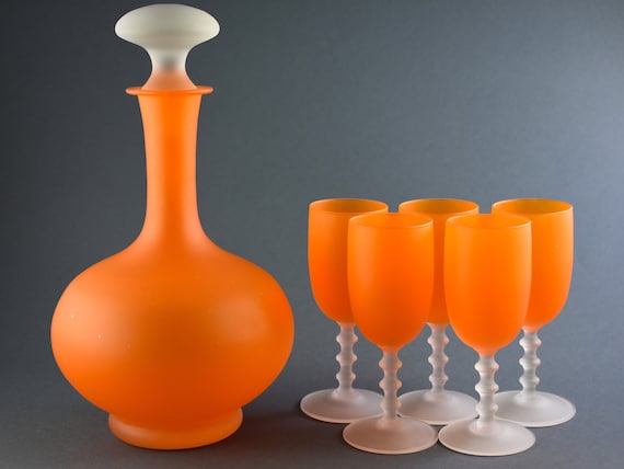 Vintage Carlo Moretti Empoli Murano Orange Satin Glass Decanter