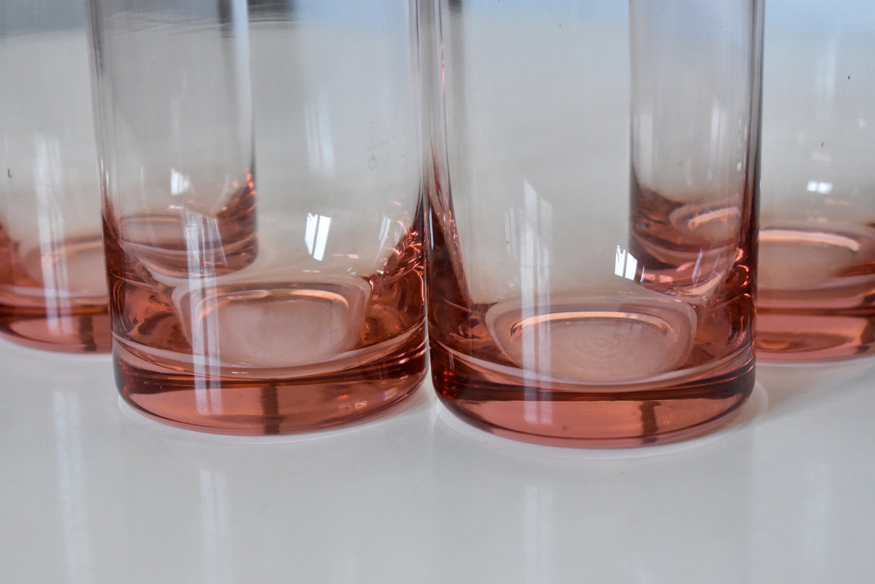 Set of Six Vintage Clear Pink Cut Glass Drinking Glasses