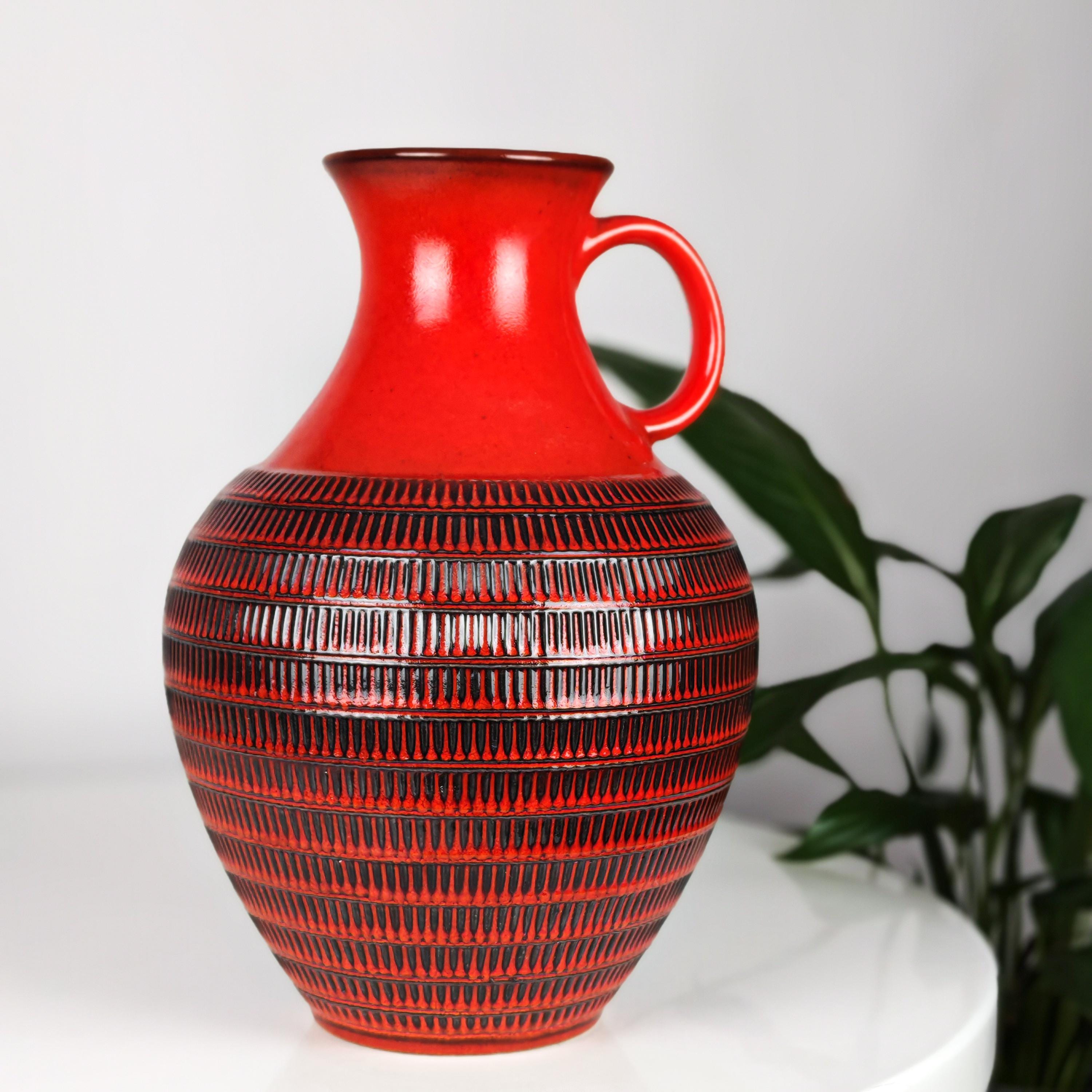 Vintage Jasba Red Ceramic Handled Vase: West Germany Fat Lava, 70s